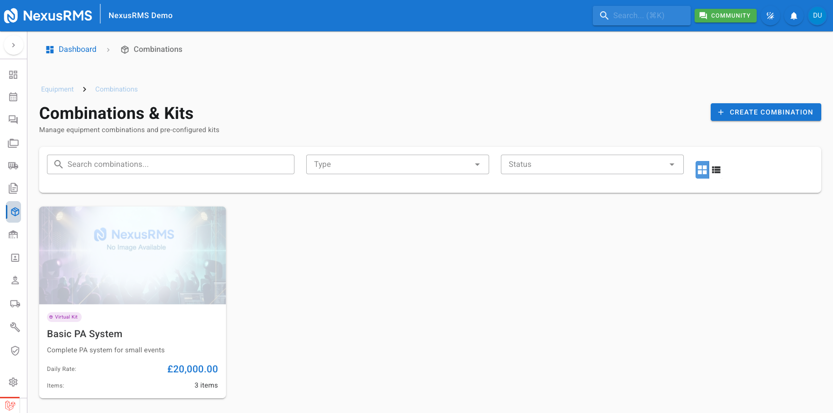 Combinations list page showing kits in grid view with name, SKU, type badge, component count, price, and status for each kit