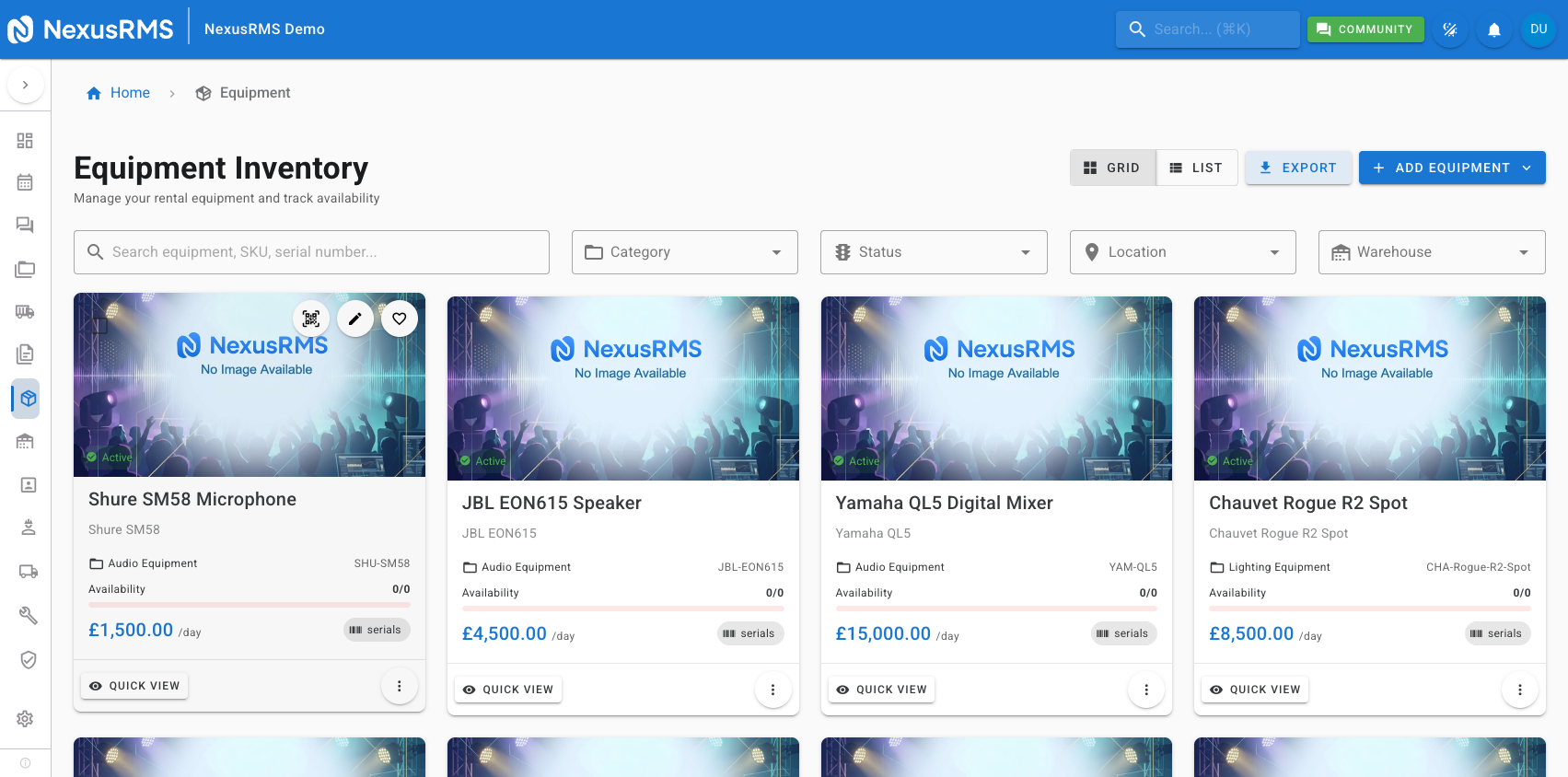 Equipment List in grid view showing equipment cards with images, names, availability percentages, and stock counts