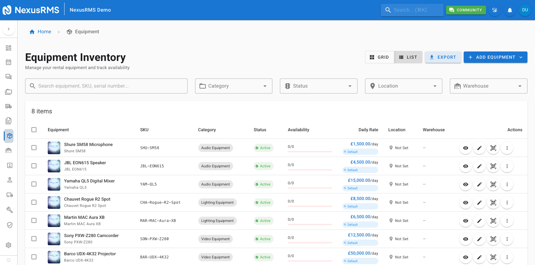 Equipment List in table view showing sortable columns with equipment data and inline action buttons