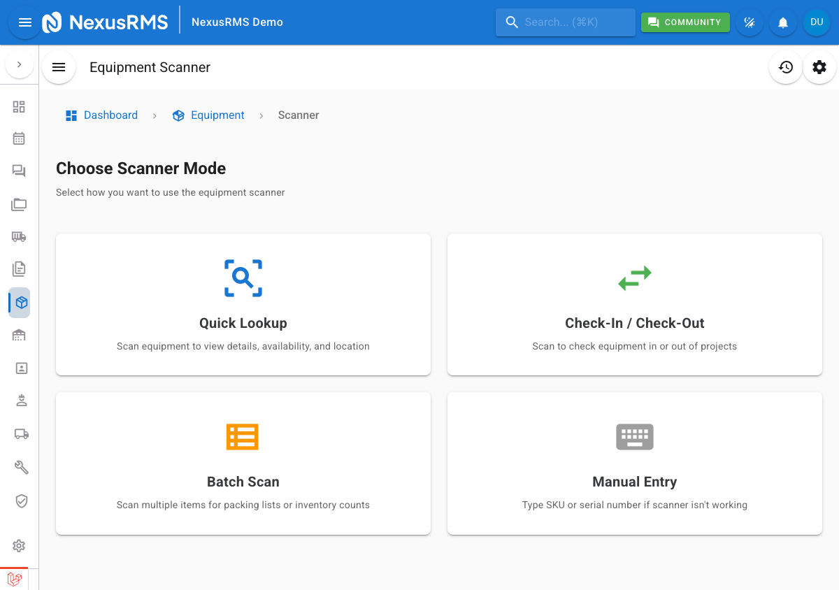 Equipment Scanner page showing the camera viewfinder with crosshair overlay, mode selector, and flash toggle