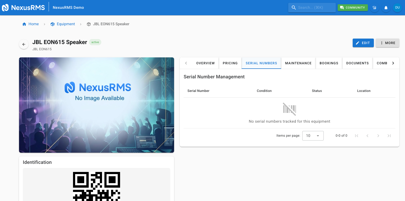 Equipment Detail Serial Numbers tab showing a list of serialized units with serial number, condition badge, status, current location, and action buttons