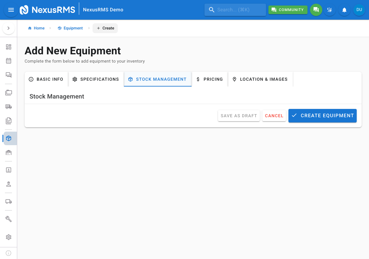Stock Management tab on the equipment edit page showing total quantity, reorder point, reorder quantity, and stock breakdown with available, rented, maintenance, damaged, and lost counts