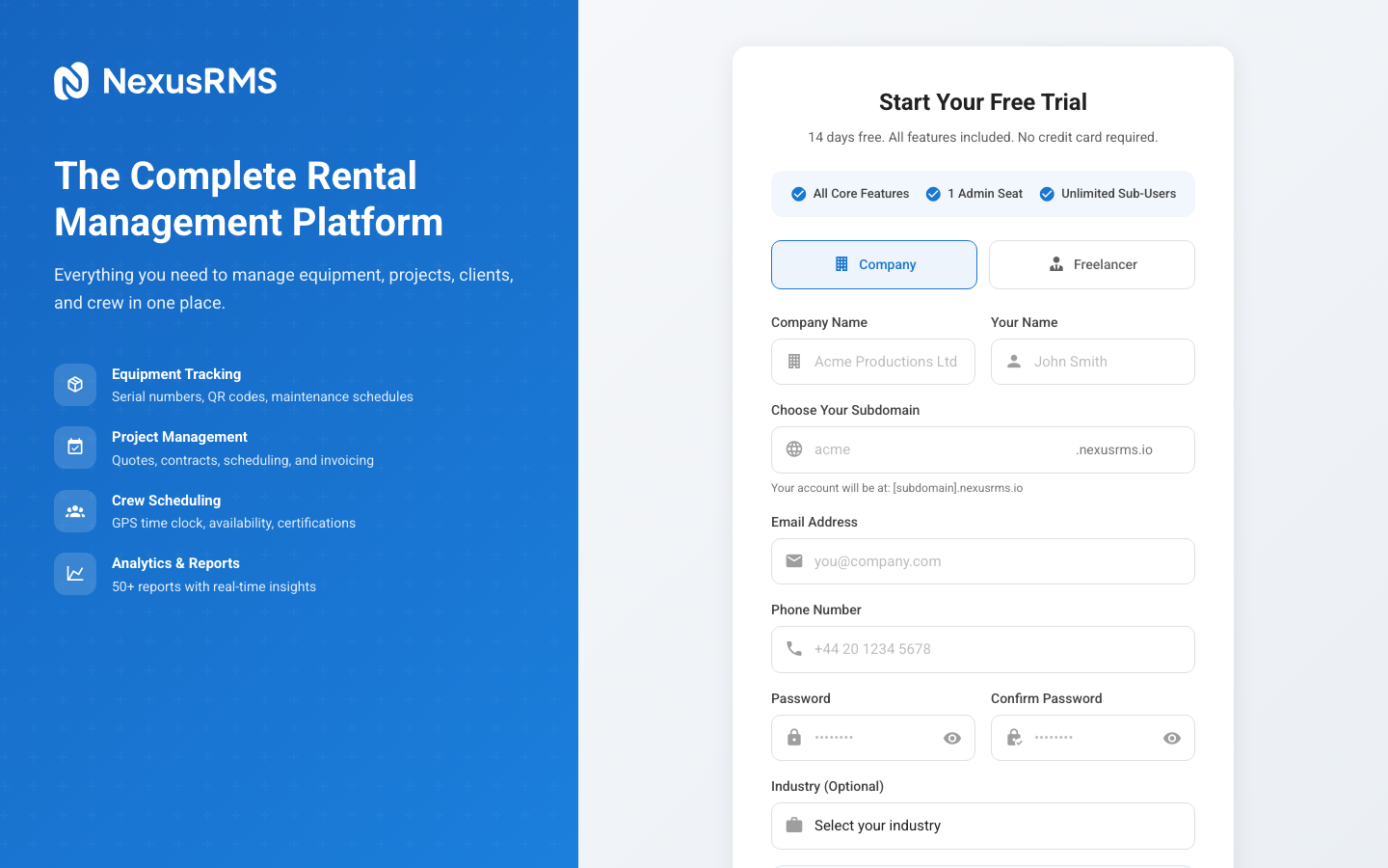 Account type selection screen showing Company and Freelancer options