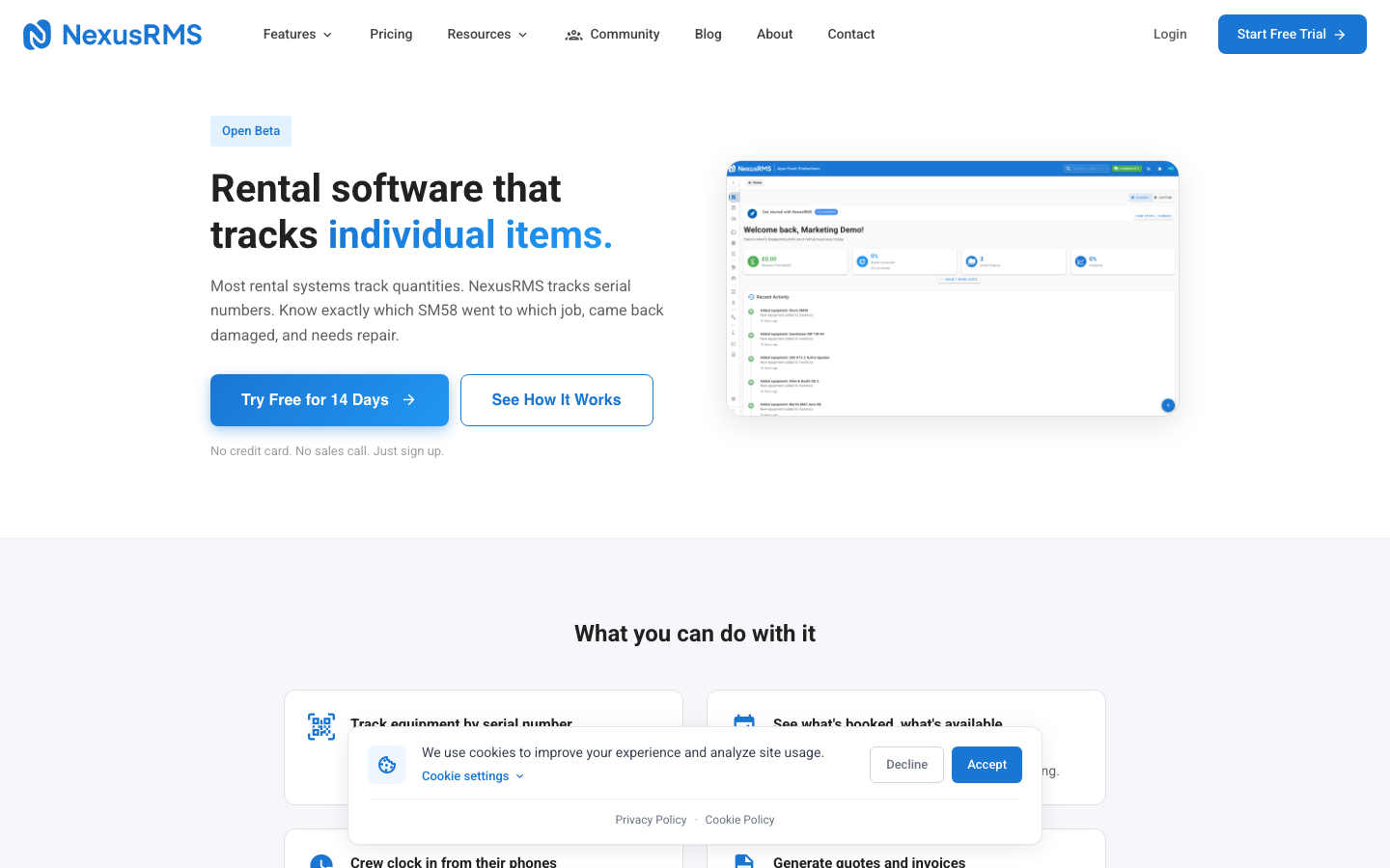 NexusRMS homepage showing the Start Free Trial button
