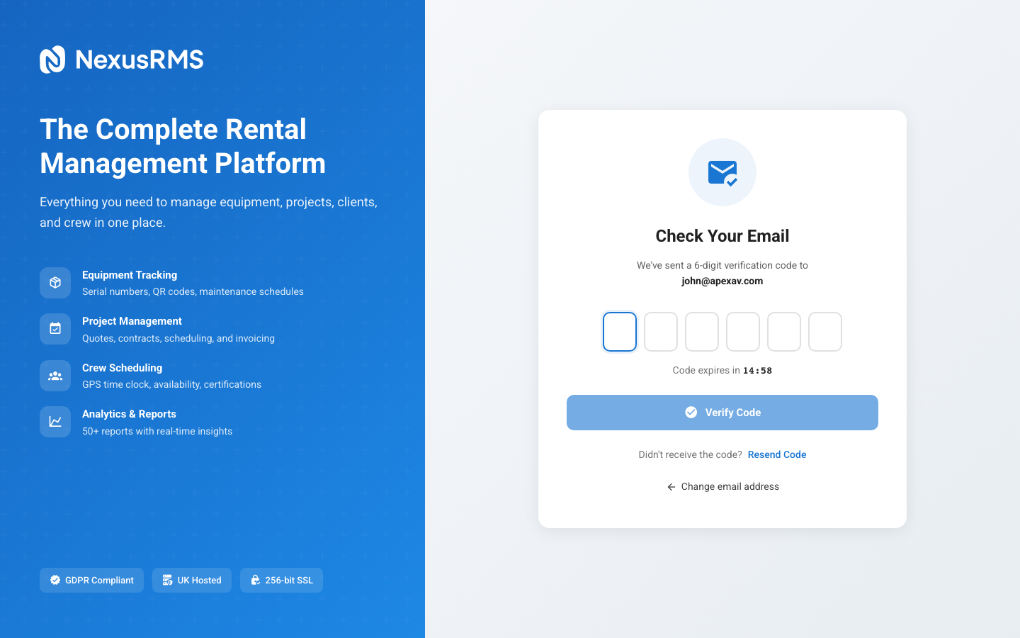 Email verification pending screen with instructions