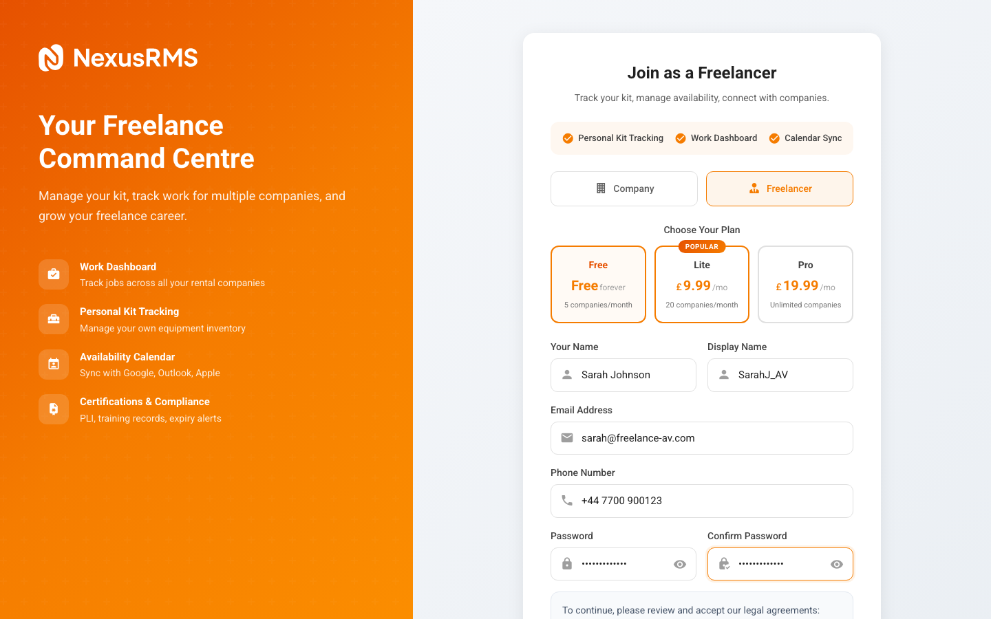 Freelancer registration form with fields filled in