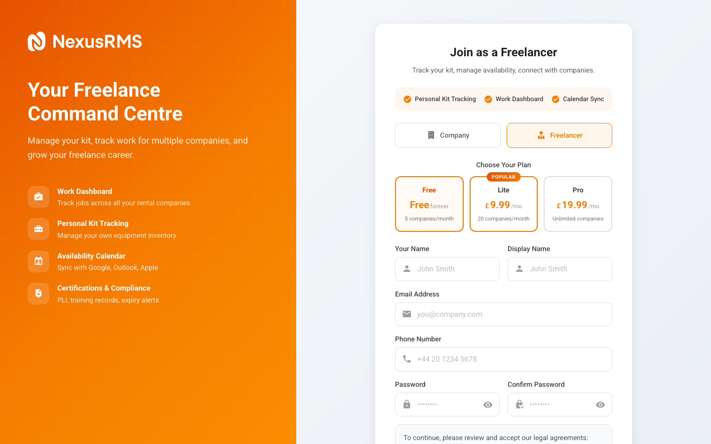Freelancer registration landing page