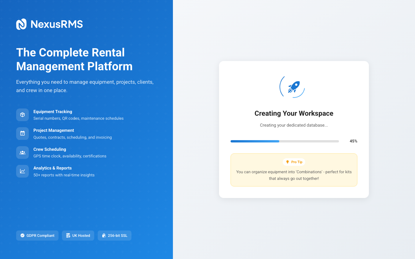 Account provisioning progress screen showing setup steps