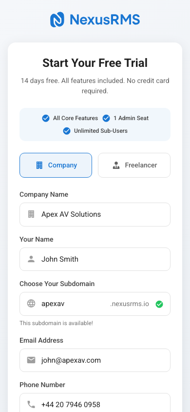Company registration form on mobile