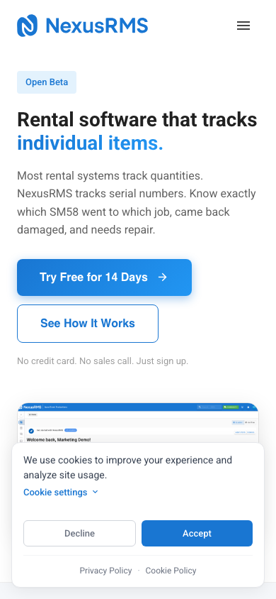 NexusRMS homepage on mobile with trial signup button