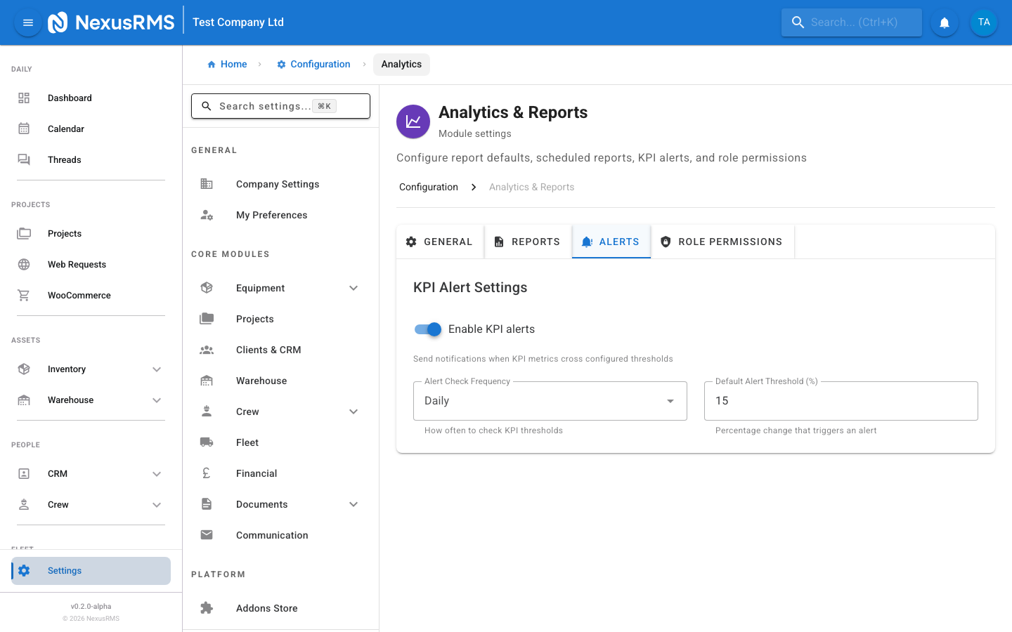 Analytics Alerts tab showing KPI thresholds, delivery methods, and frequency settings