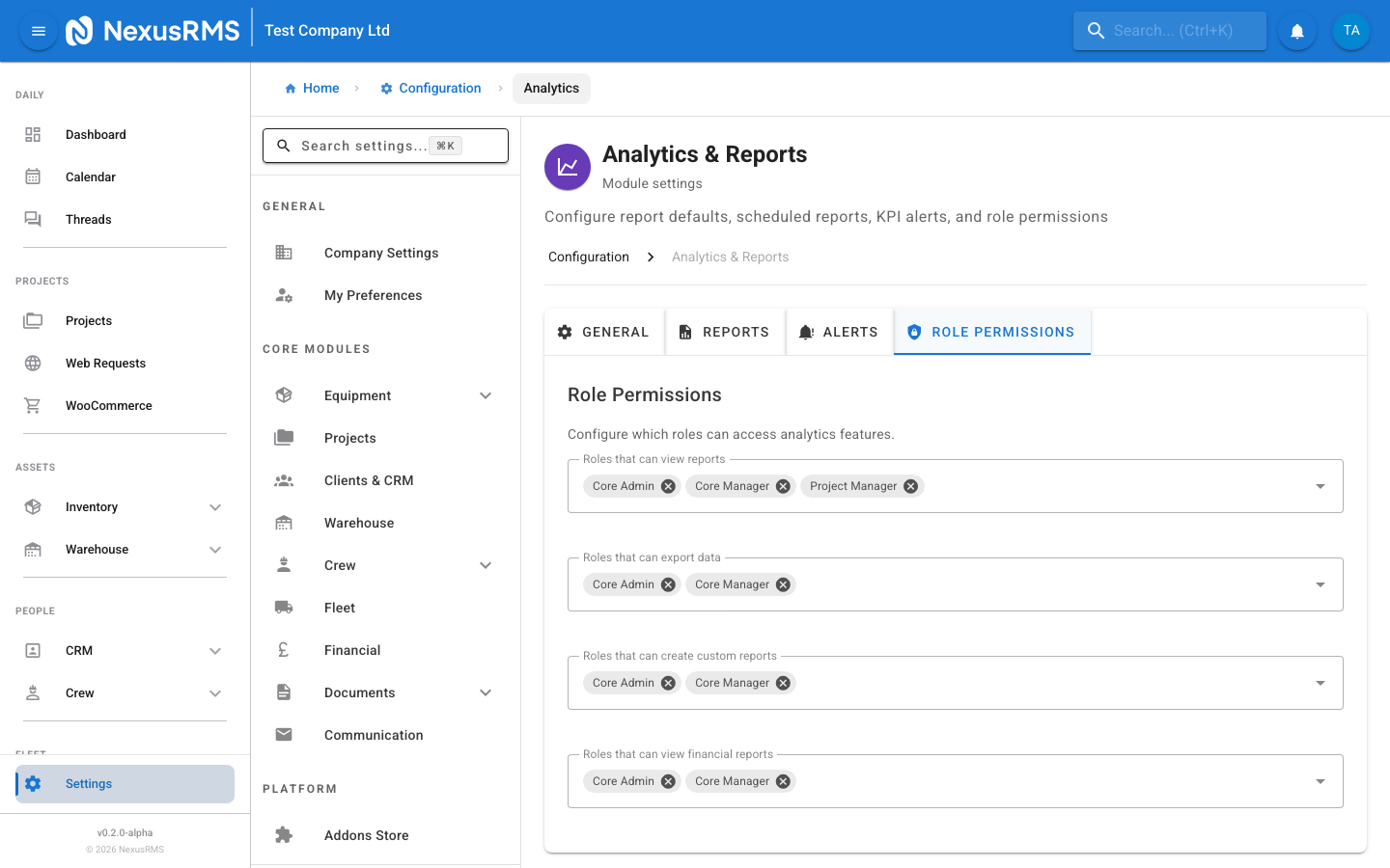 Analytics Role Permissions tab showing report access matrix by role