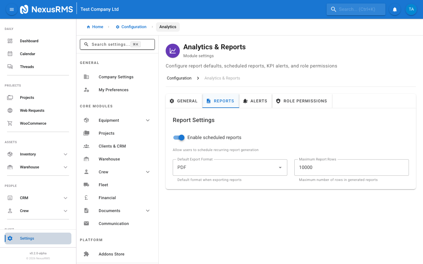 Reports tab showing scheduled reports, export formats, and sharing settings