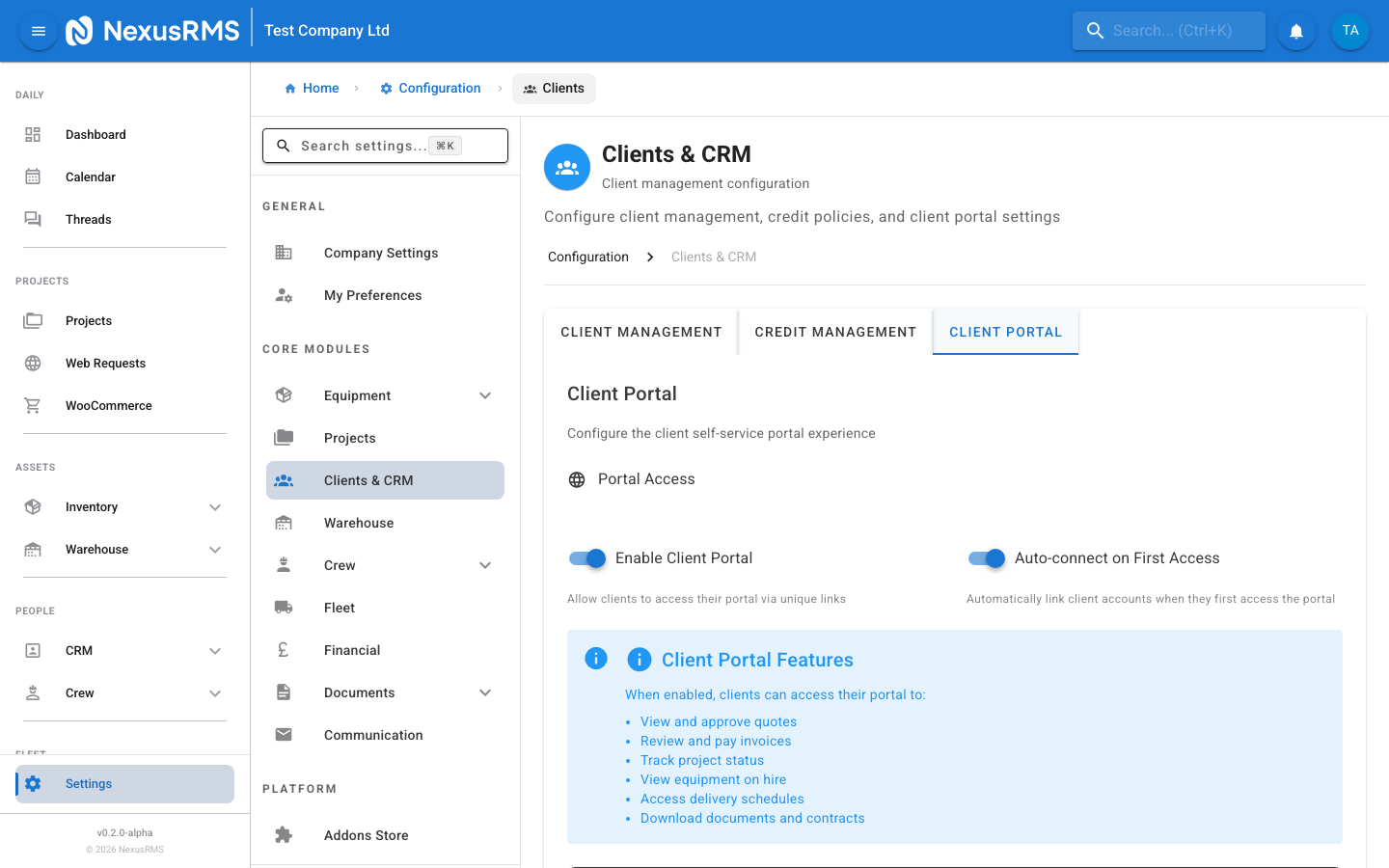 Client Settings Client Portal tab showing enable portal toggle, auto-connect toggle, portal features list, and portal link format example