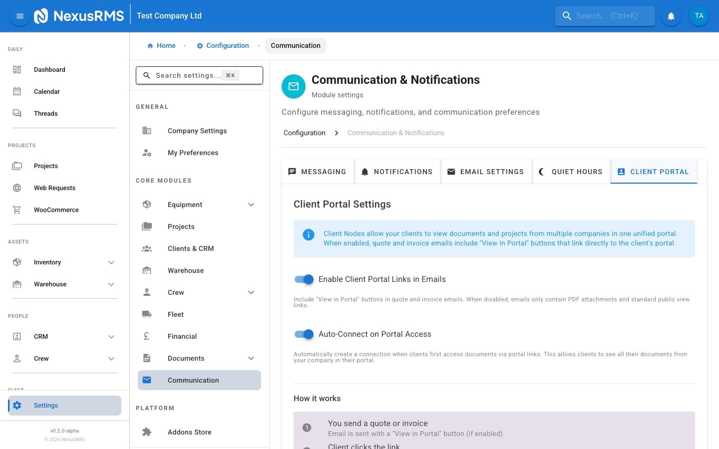 Client Portal tab showing auto-notification settings for quotes, invoices, and status updates