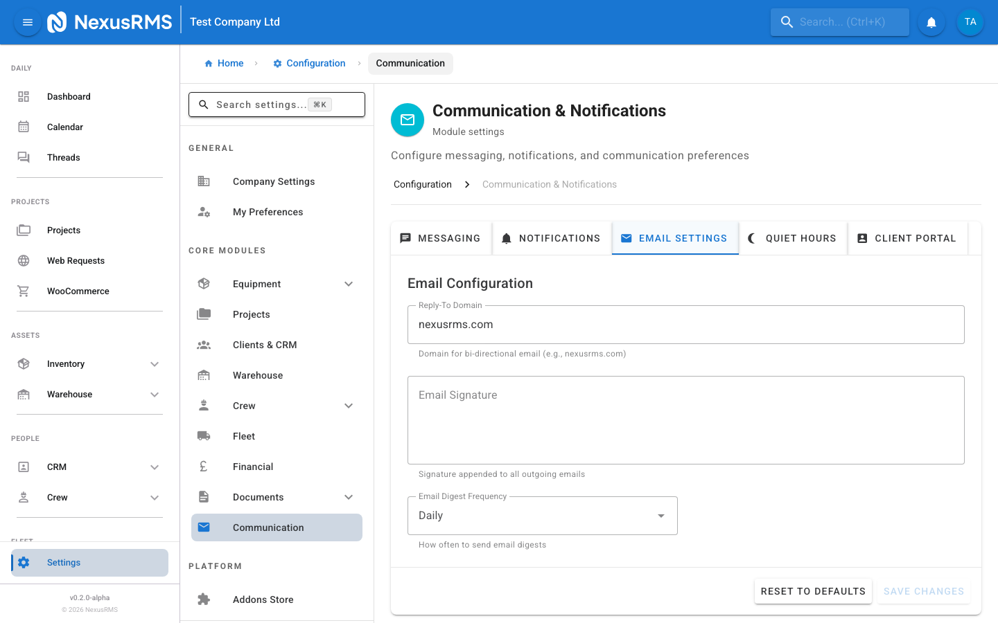 Email Settings tab showing from name, reply-to, and branding configuration