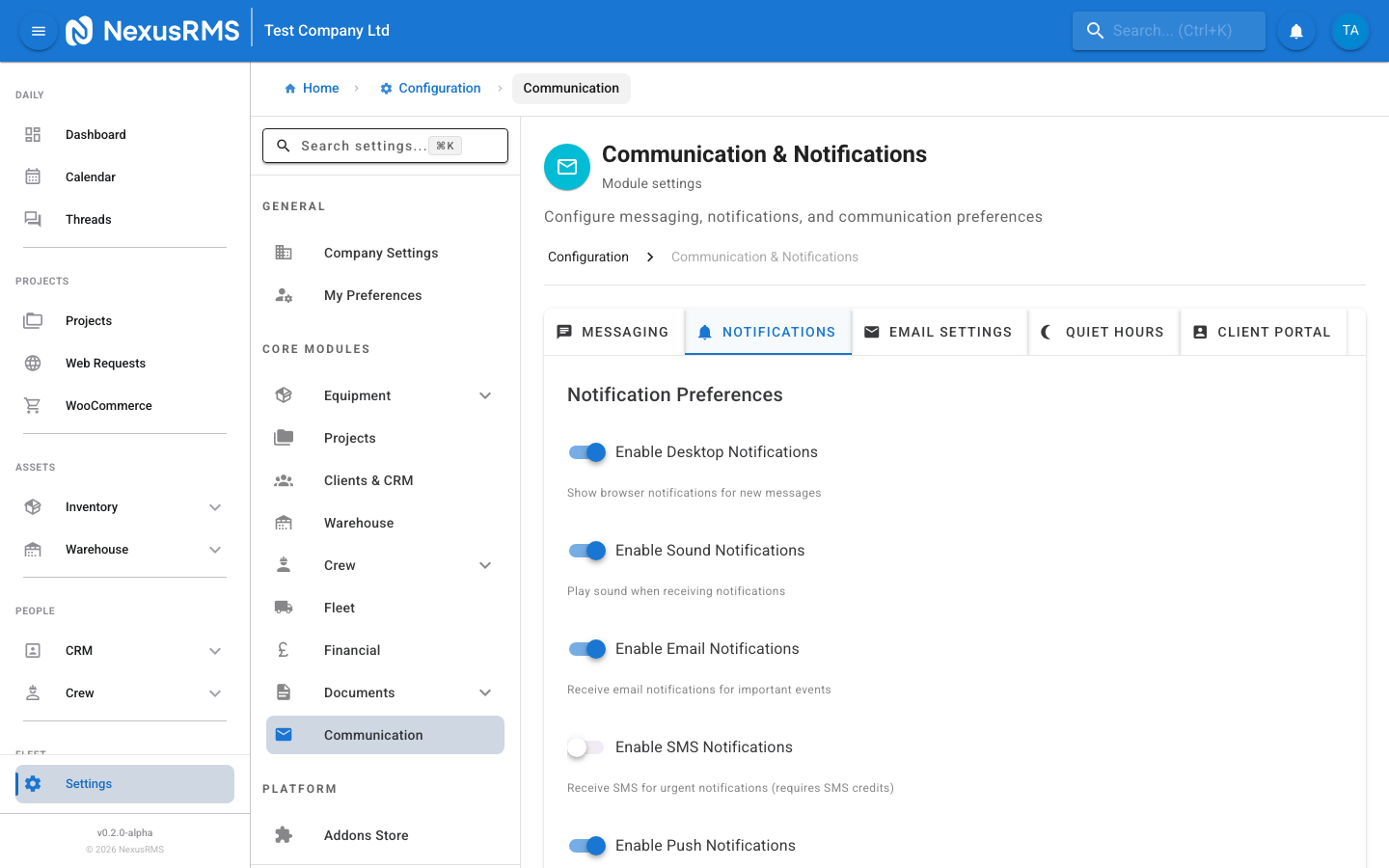 Notifications tab showing global preference toggles and digest settings