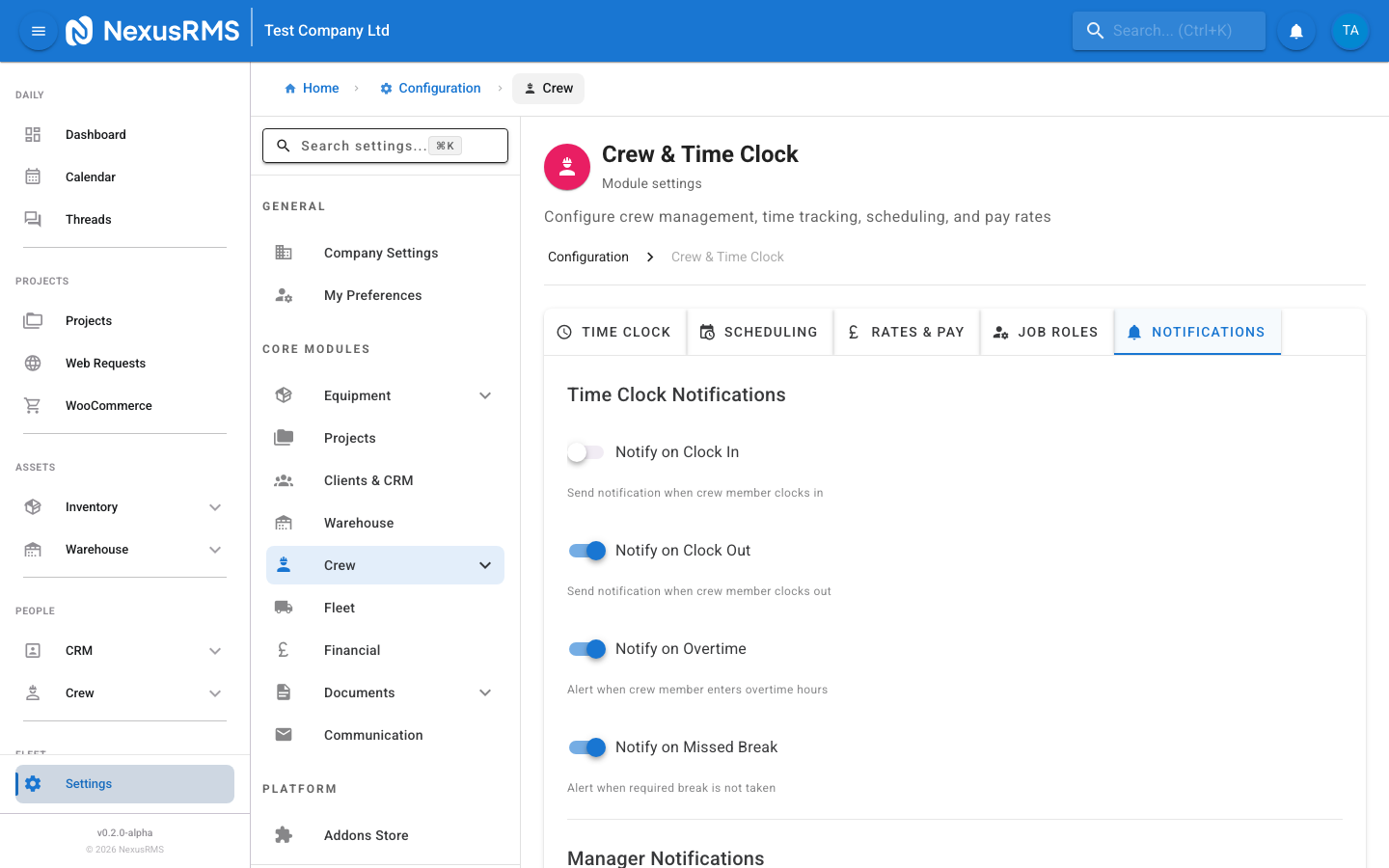 Crew Notifications tab showing shift reminders and approval settings