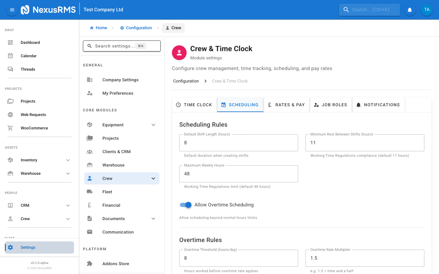 Scheduling tab showing shift defaults and conflict settings