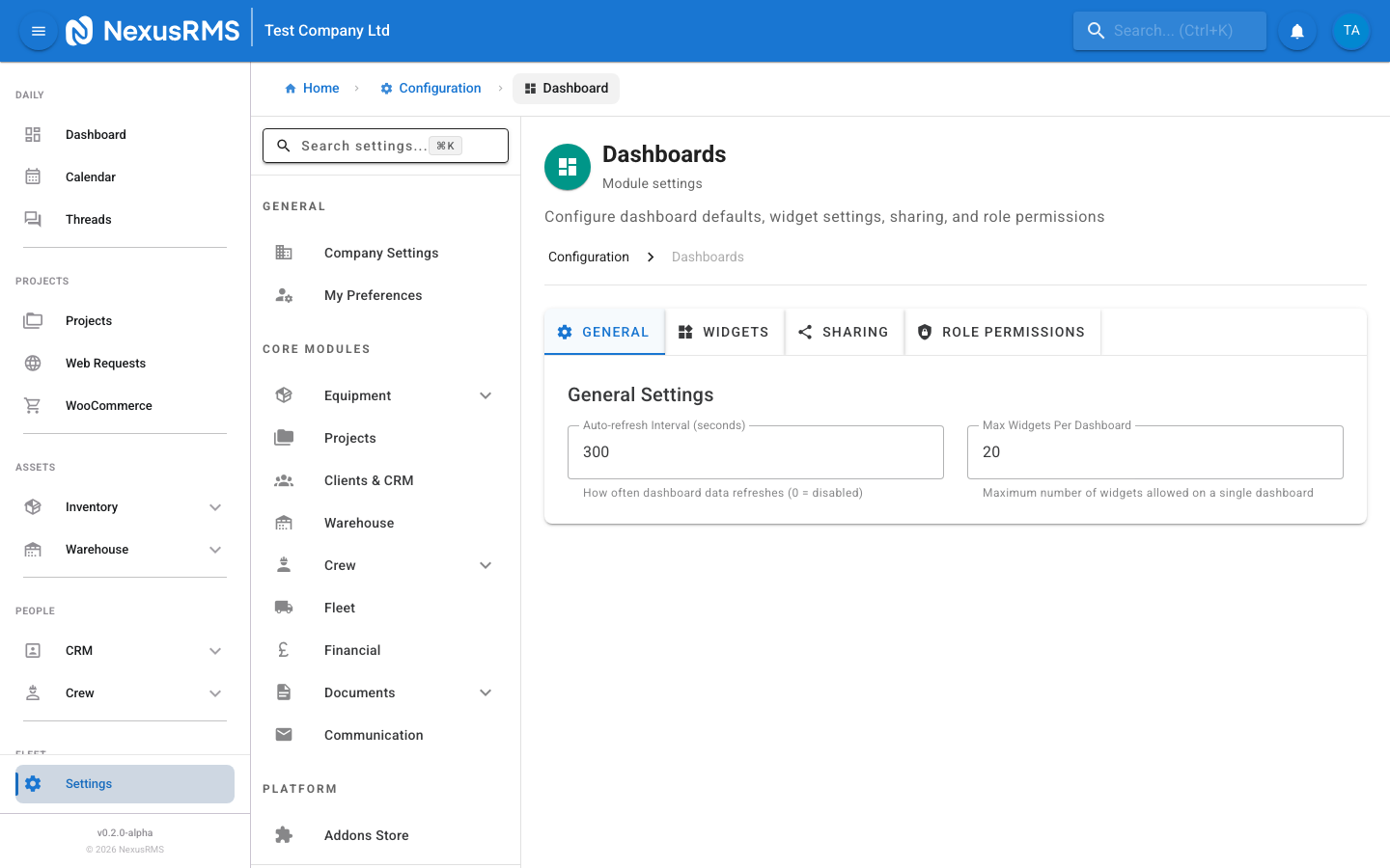 Dashboard General tab showing auto-refresh, widget limits, and default dashboard settings