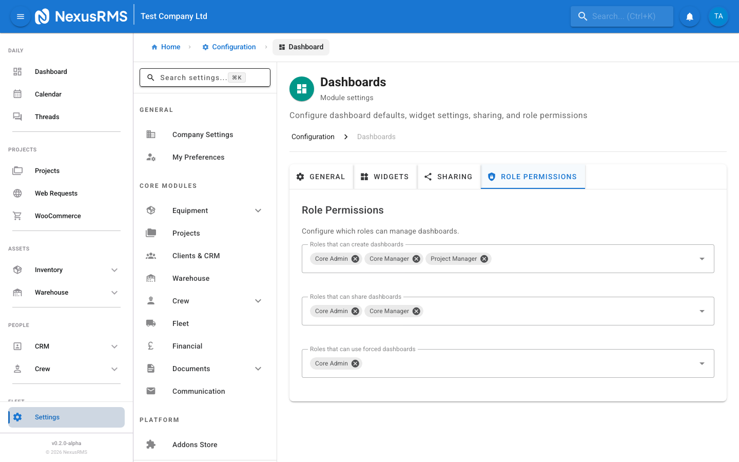 Dashboard Role Permissions tab showing dashboard and widget access controls per role