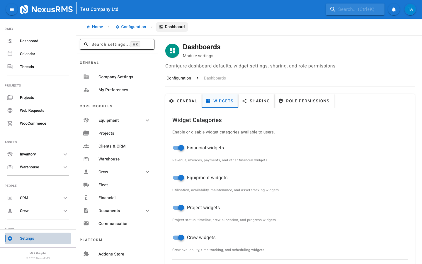 Widgets tab showing the widget catalogue with size, refresh, and availability settings