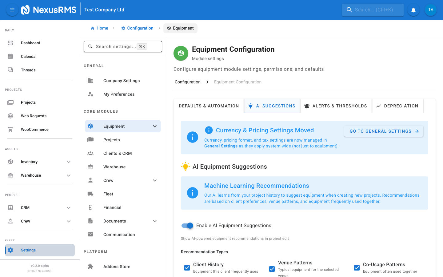 Equipment Settings AI Suggestions tab showing master toggle, recommendation type checkboxes, maximum suggestions, minimum confidence slider, auto-learn toggle, and availability toggle
