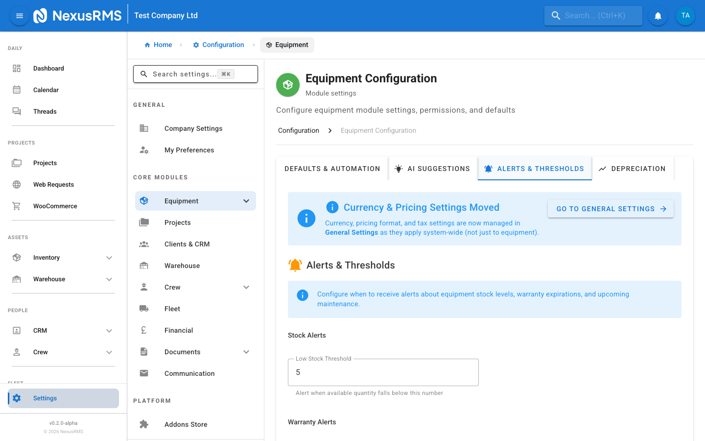 Equipment Settings Alerts and Thresholds tab showing low stock threshold, warranty expiry alert days, email warranty alerts toggle, maintenance due alert days, and email maintenance alerts toggle
