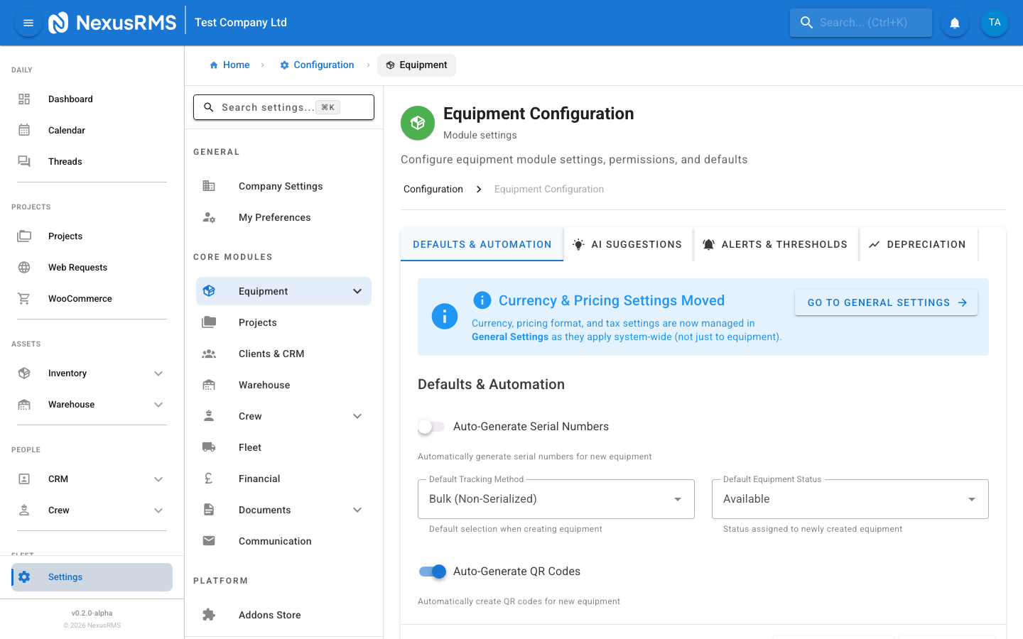 Equipment Settings Defaults and Automation tab showing auto-generate serial numbers toggle, prefix, length, default tracking method, default status, and QR code toggle