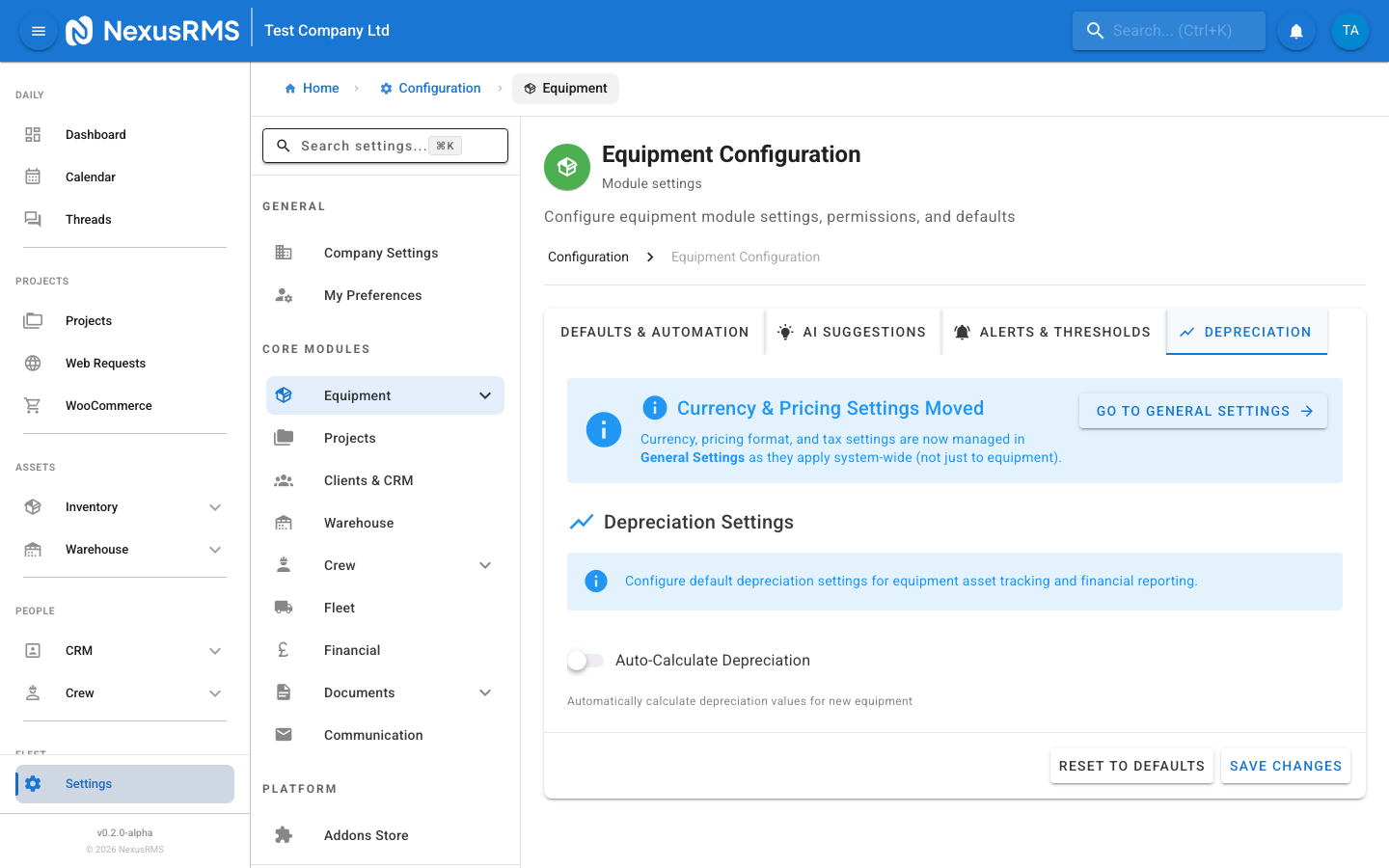 Equipment Settings Depreciation tab showing auto-calculate toggle, default method selector, depreciation rate, and useful life years