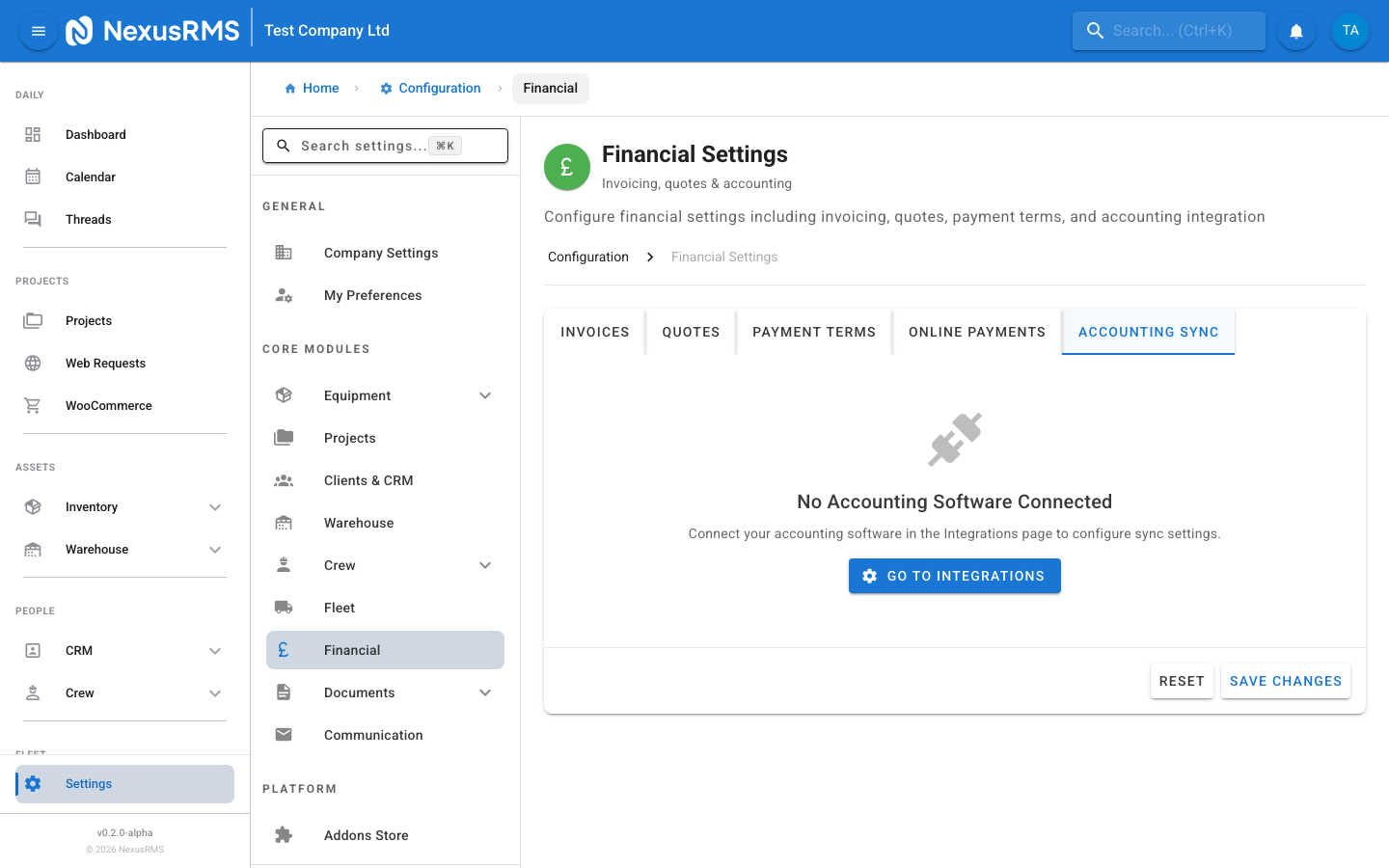 Financial Settings Accounting Sync tab showing account mappings table, sync mode selector, auto-sync toggles, scheduled time picker, default tax type, and sync statistics cards