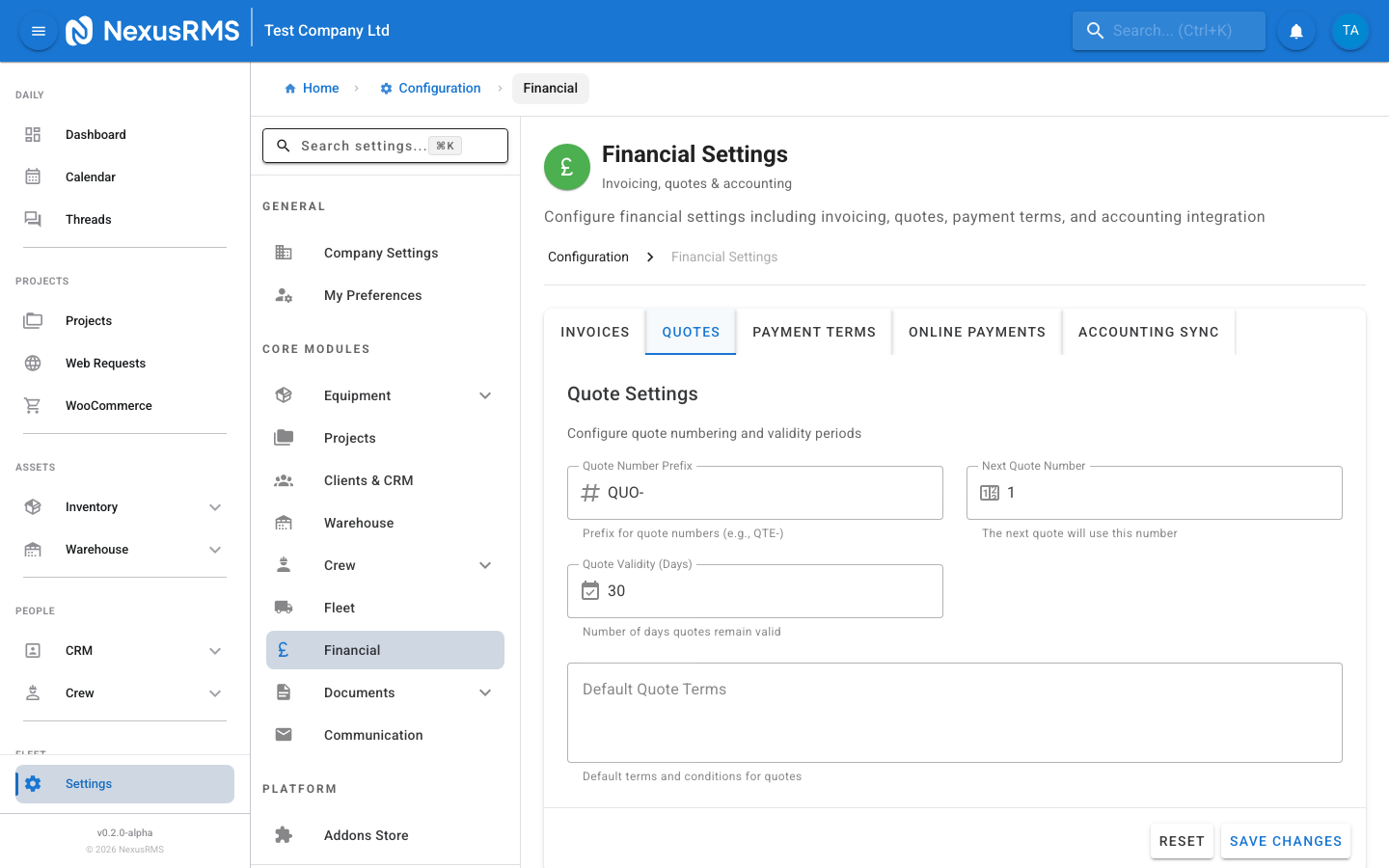 Financial Settings Quotes tab showing quote number prefix, next quote number, quote validity days, and default quote terms textarea
