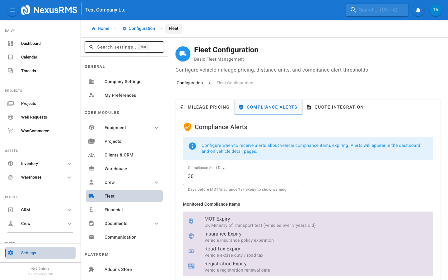 Fleet Settings Compliance Alerts tab showing expiry warning thresholds and notification toggles