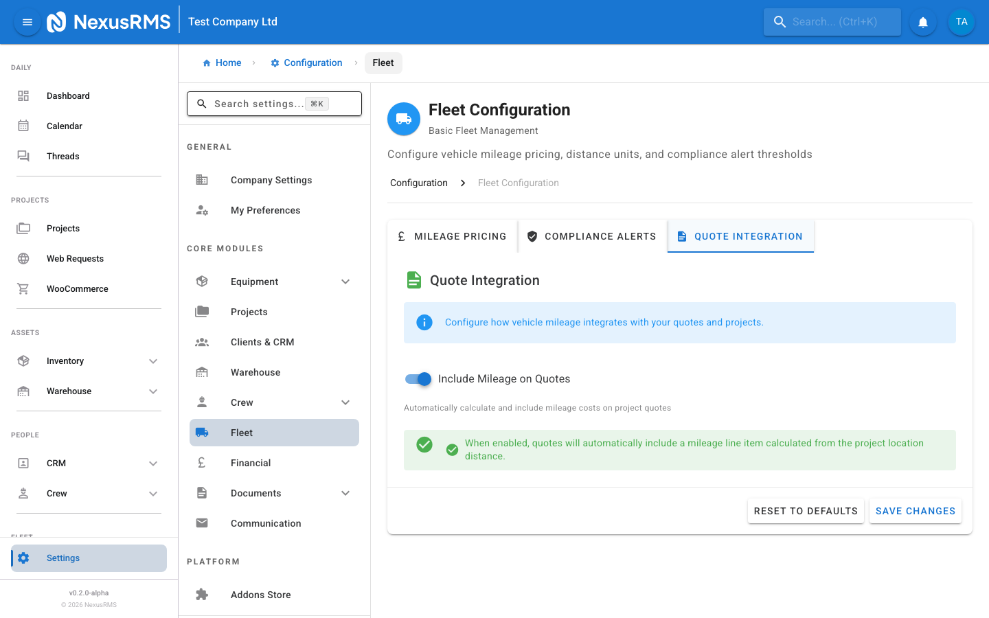 Fleet Settings Quote Integration tab showing quote display options and delivery charge calculation
