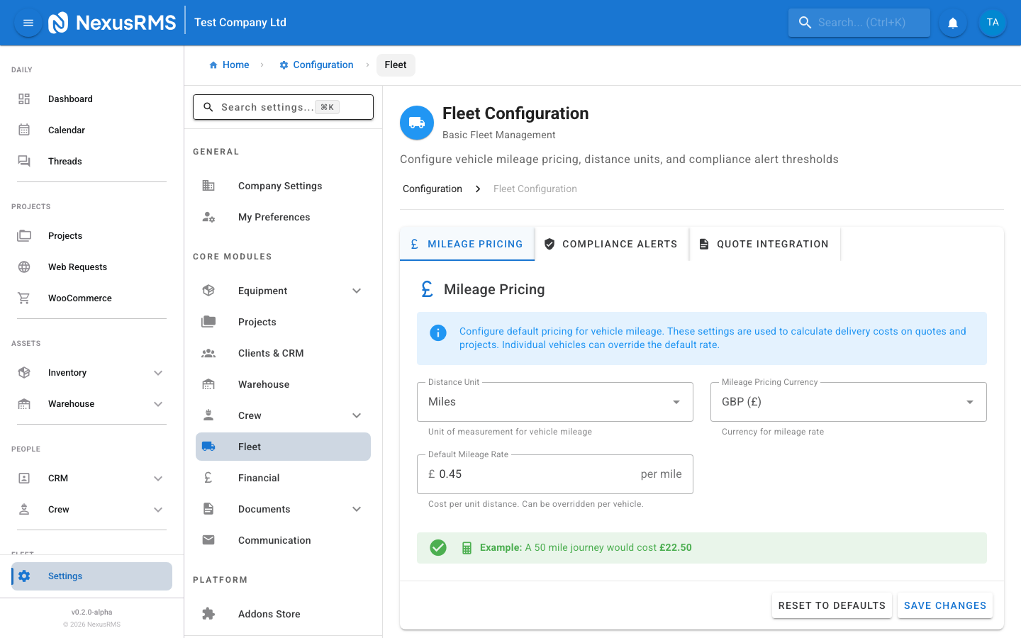Fleet Settings Mileage Pricing tab showing distance unit, default rate, and currency options