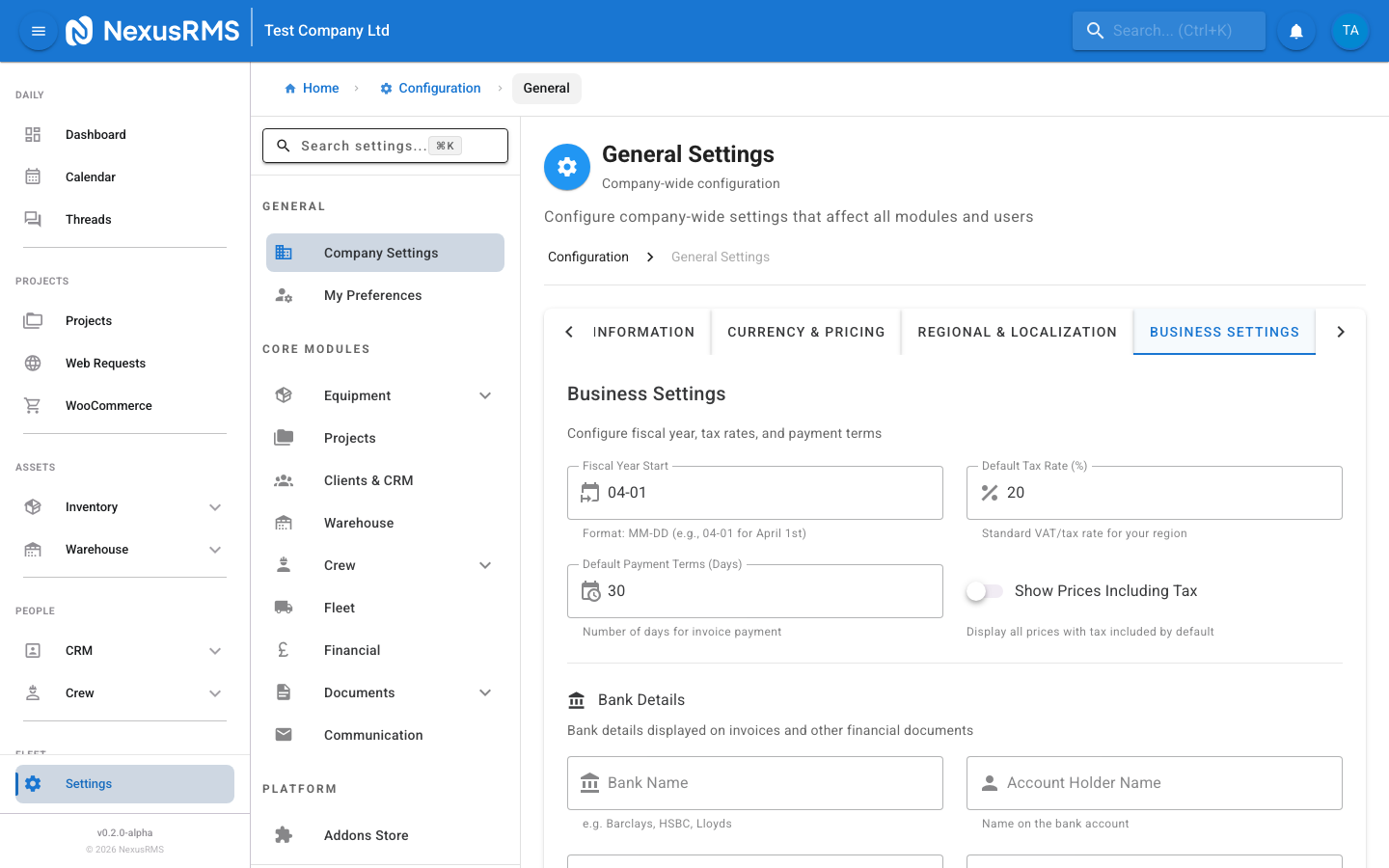 General Settings Business Settings tab showing fiscal year start, tax rate, payment terms, tax display toggle, and bank details section