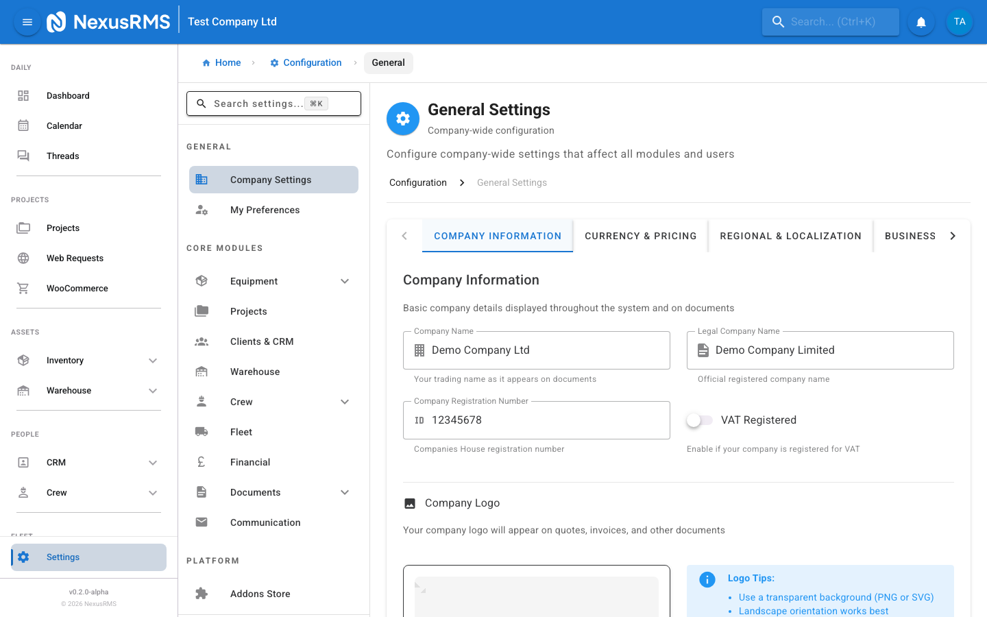 General Settings Company Information tab showing company name, legal name, registration number, VAT toggle, logo upload, contact details, and address fields