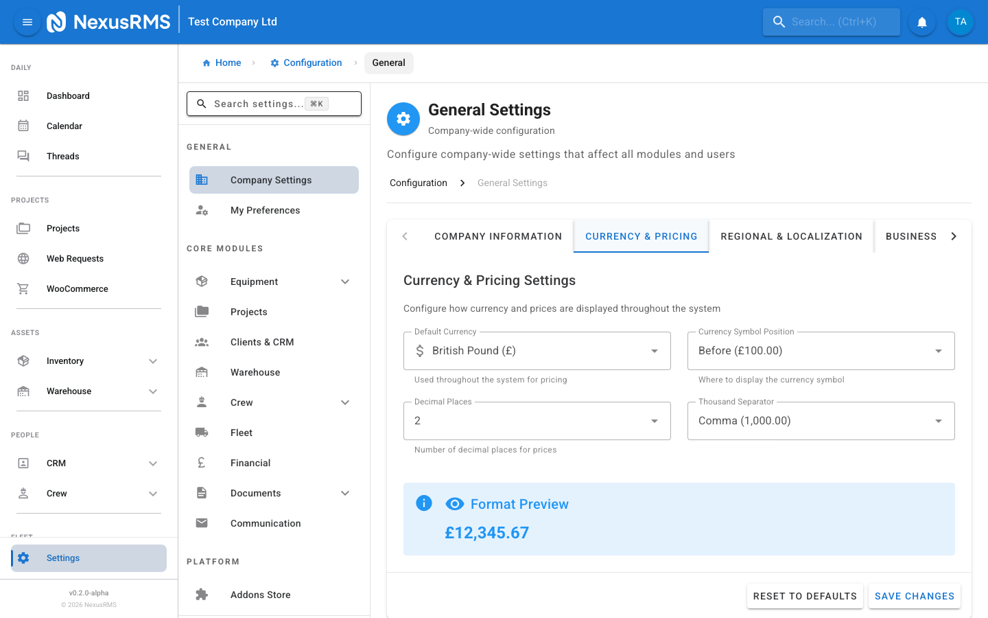 General Settings Currency and Pricing tab showing currency selection, symbol position, decimal places, thousand separator, and format preview
