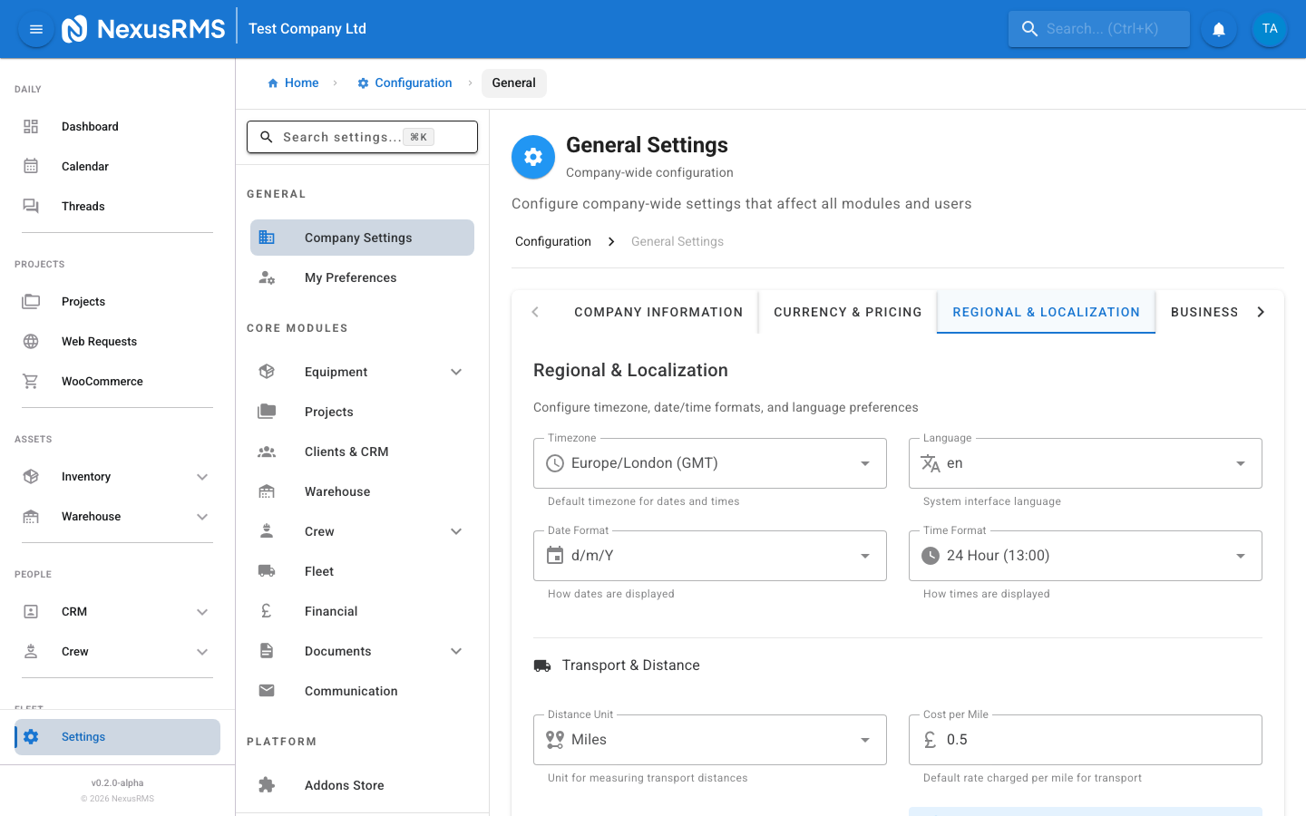 General Settings Regional and Localization tab showing timezone, language, date format, time format, distance unit, cost per mile, and auto-calculate toggle