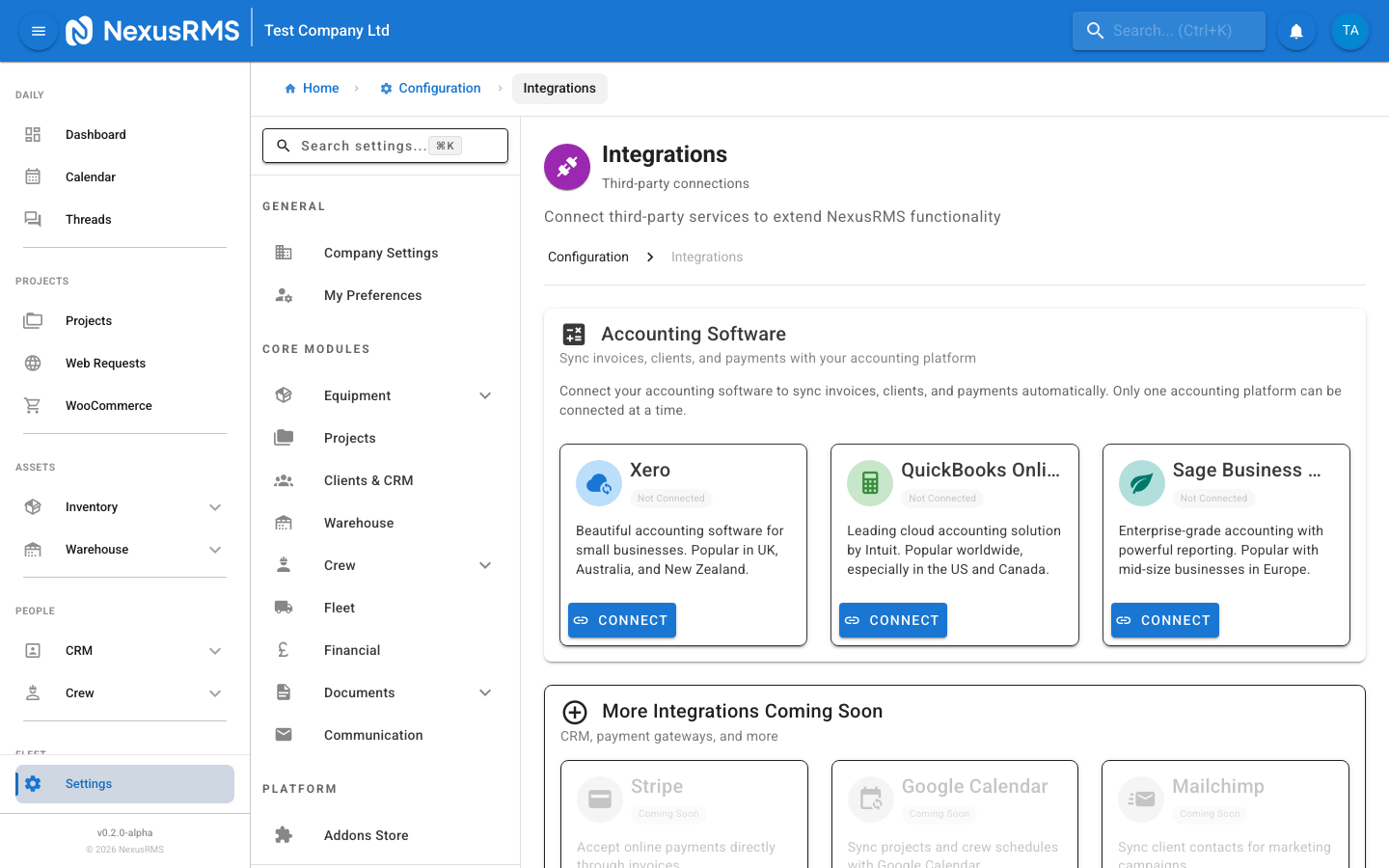 Integrations settings page showing all integration cards with connection status indicators