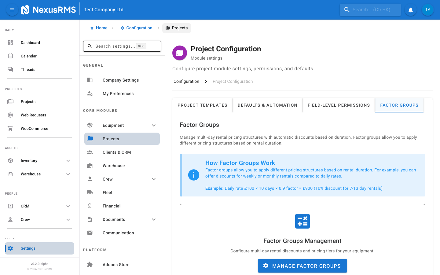 Project Settings Factor Groups tab showing a summary of existing factor groups with a link to the full management page