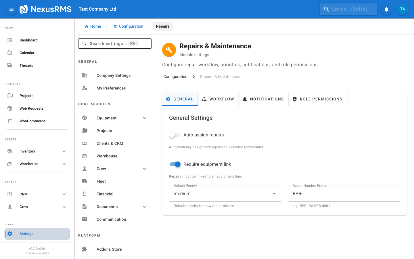 Repairs General tab showing auto-assign, equipment linking, and default priority settings