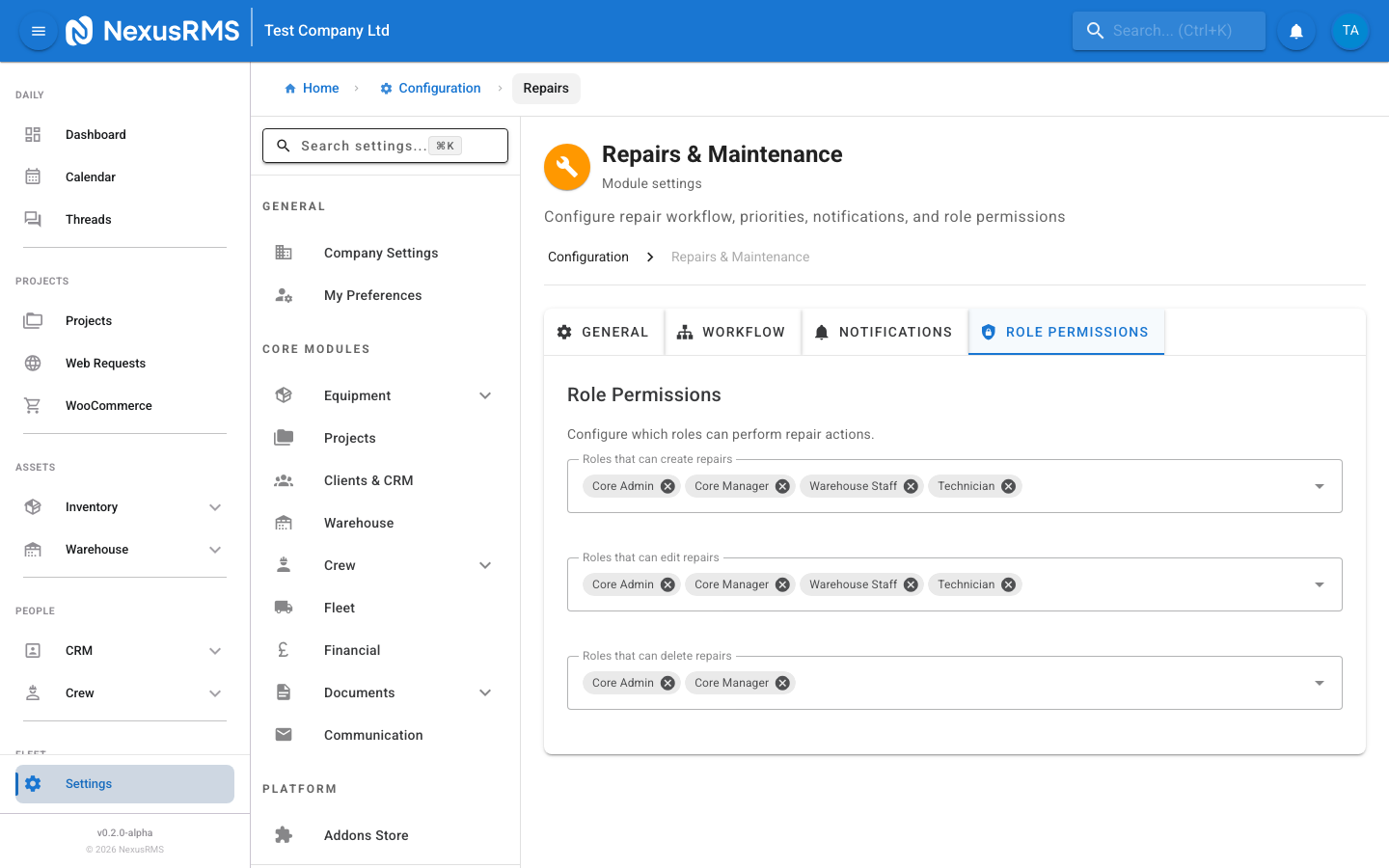 Repairs Role Permissions tab showing a matrix of roles and actions
