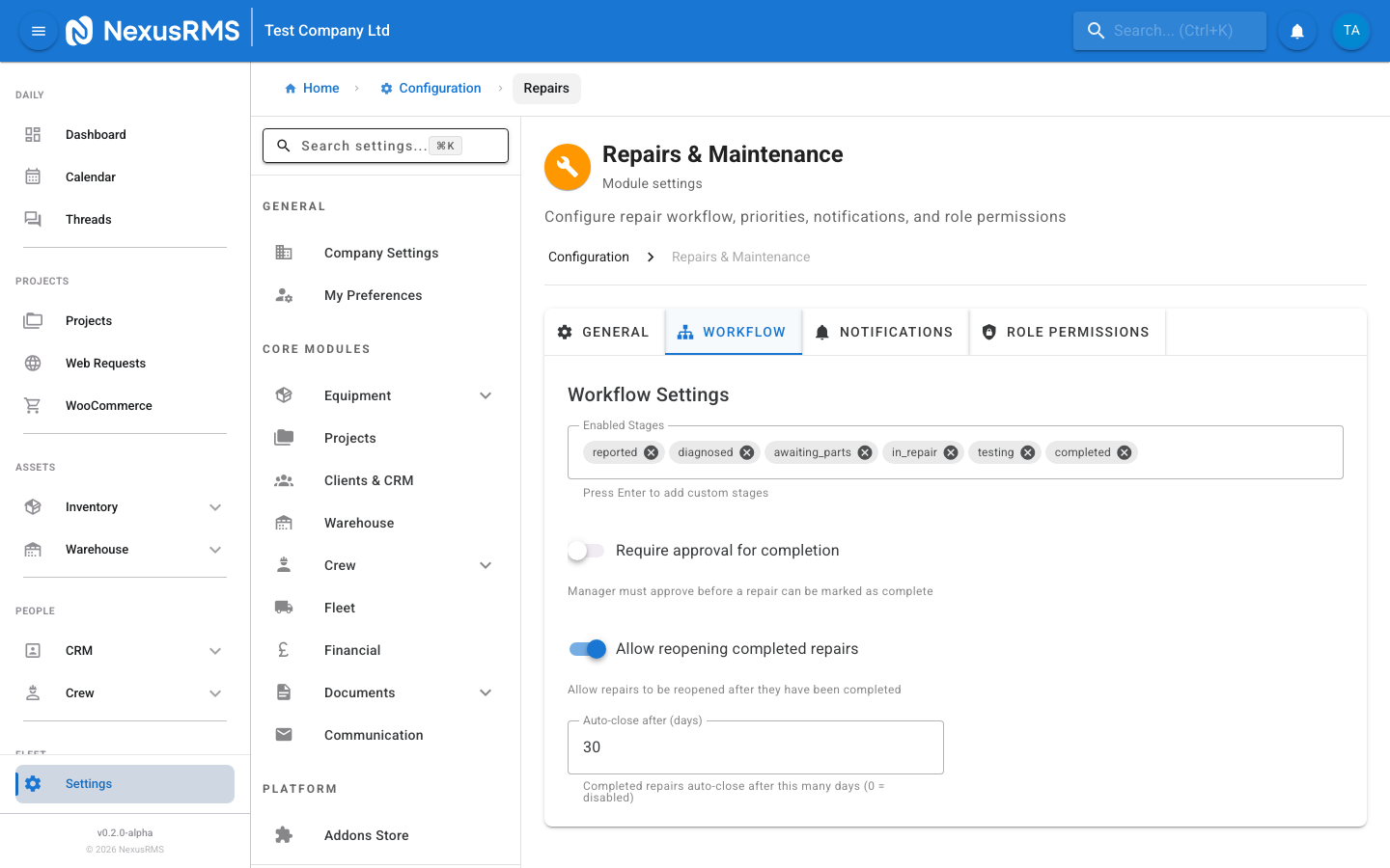 Repairs Workflow tab showing multi-stage pipeline with status stages and requirements