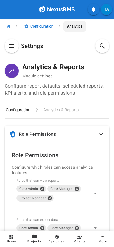Analytics Role Permissions tab on mobile