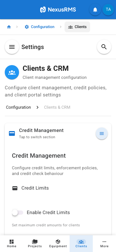 Client Settings Credit Management tab on mobile