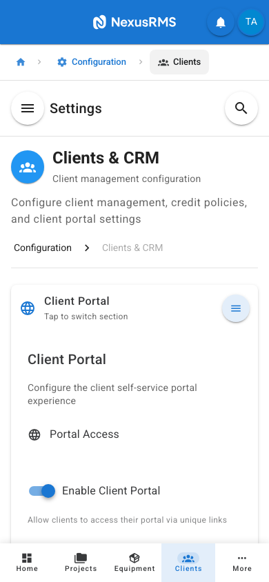 Client Settings Client Portal tab on mobile