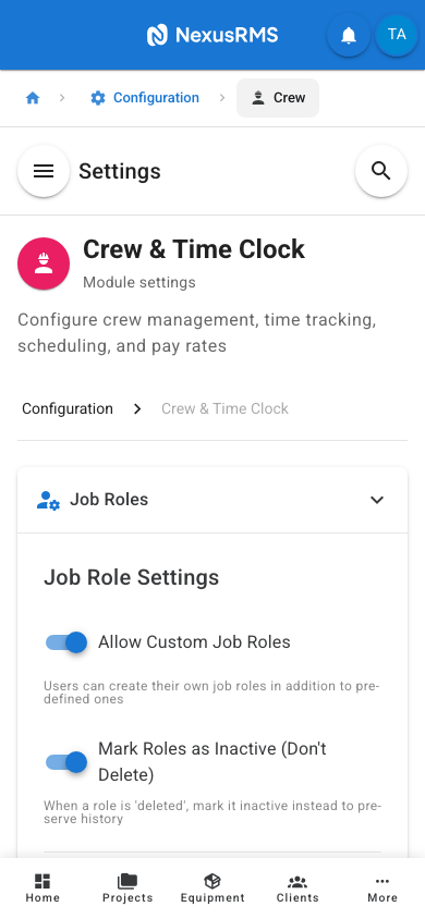 Job Roles tab on mobile