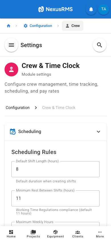 Scheduling tab on mobile