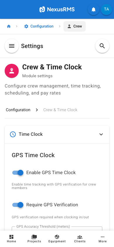 Time Clock tab on mobile